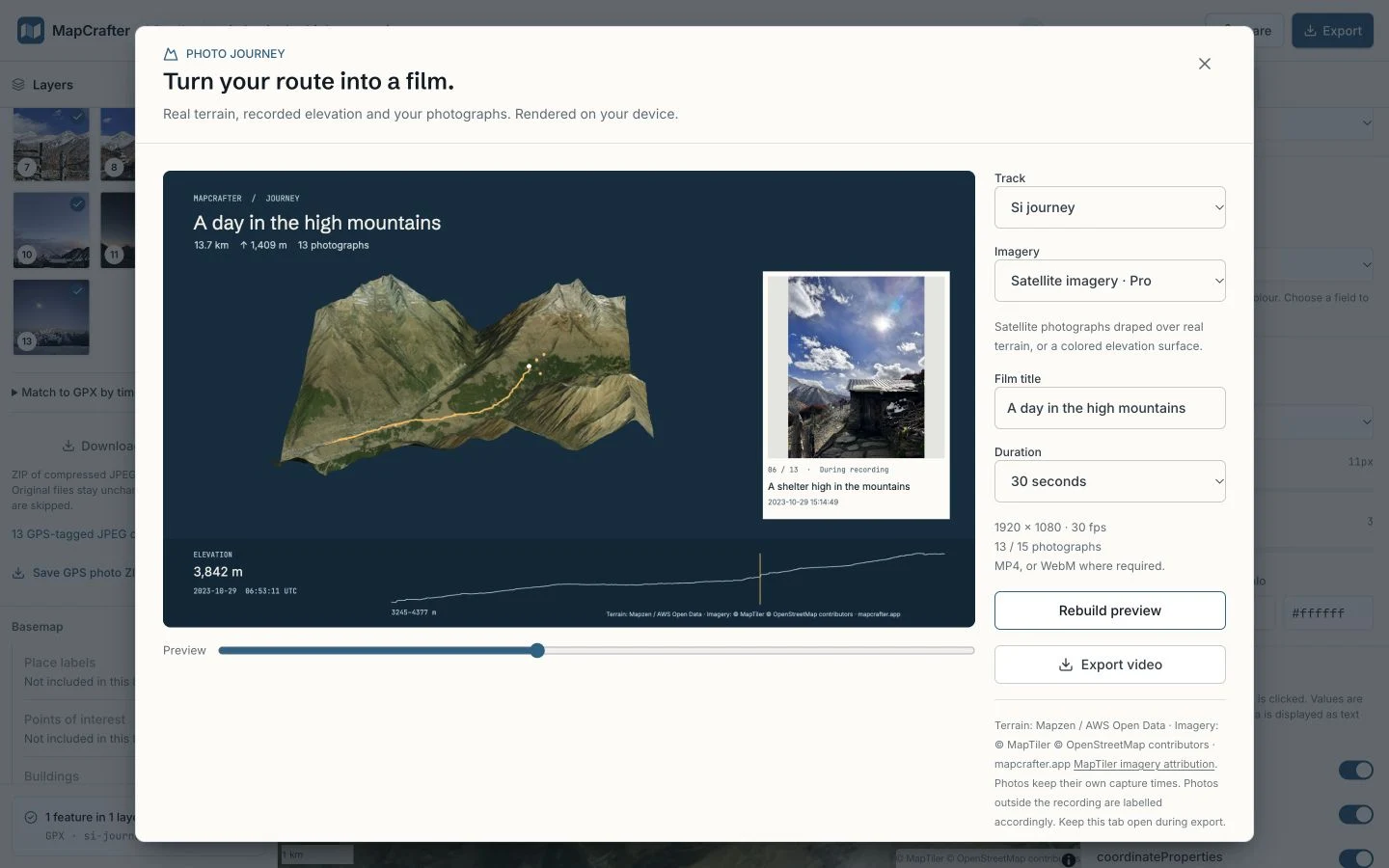 Journey video preview showing real mountain terrain, elevation profile and a photograph