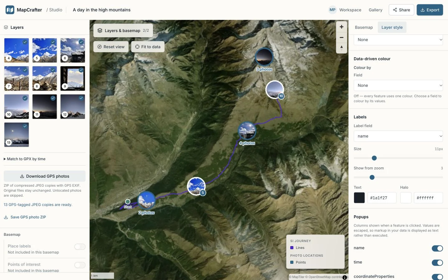 Studio confirms thirteen GPS-tagged JPEG copies are ready, with the photo route visible