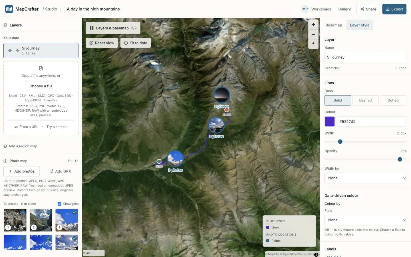 MapCrafter Studio showing the real GPX route and its located photographs