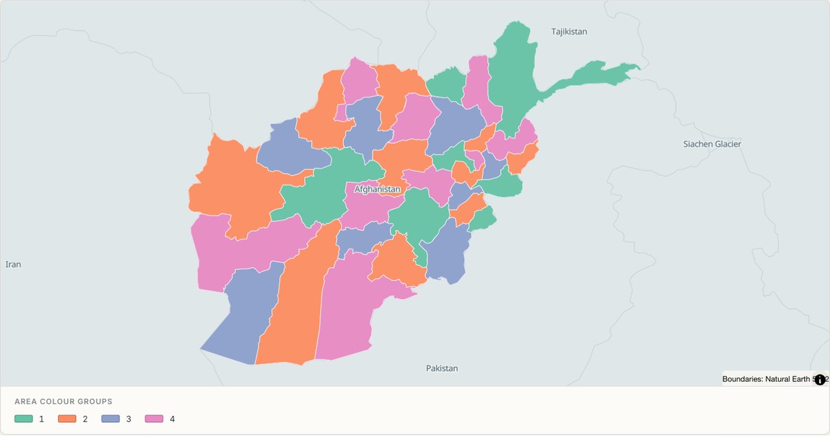 Afghanistan administrative map — Categorical regions built from TopoJSON