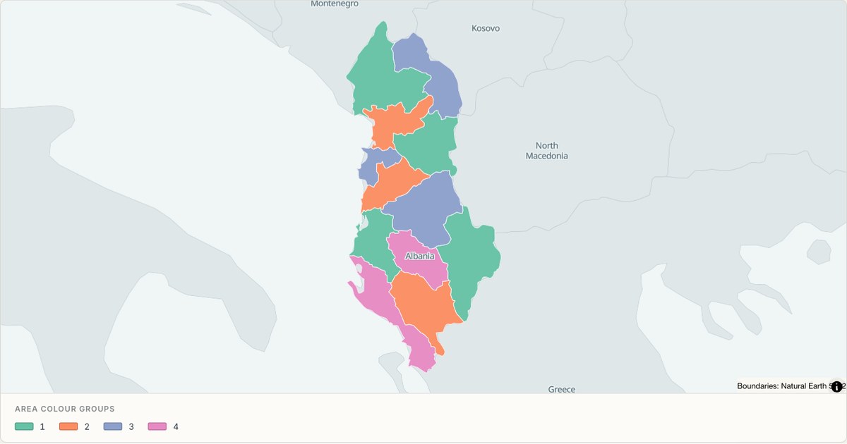 Albania administrative map — Categorical regions built from TopoJSON