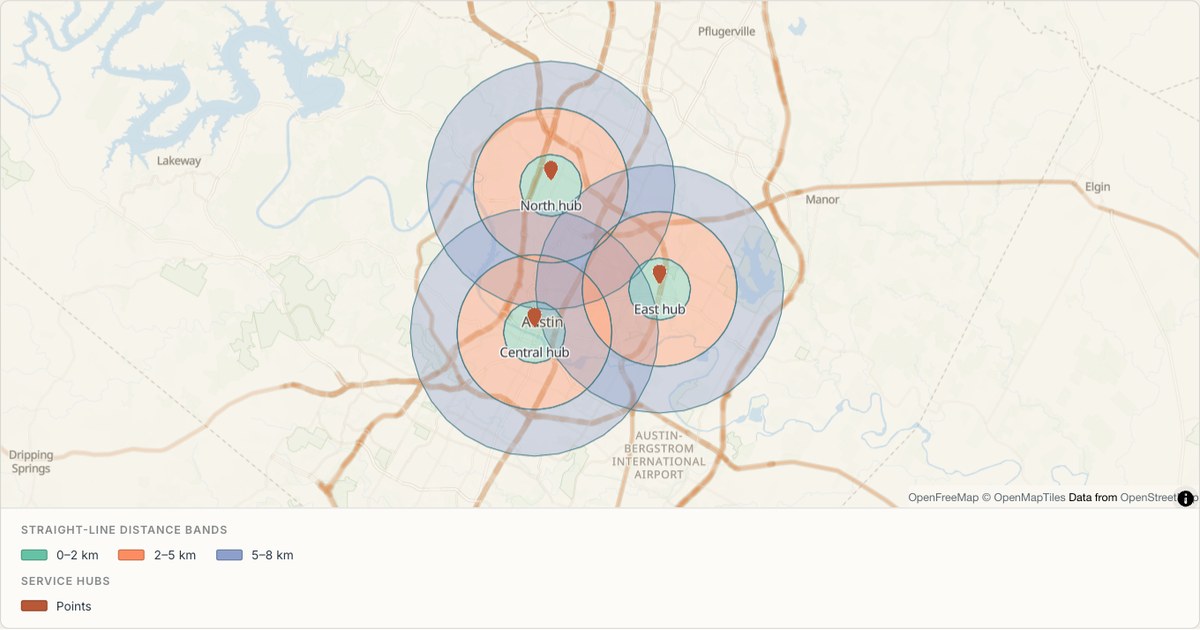 Distance bands around Austin service hubs — Distance bands