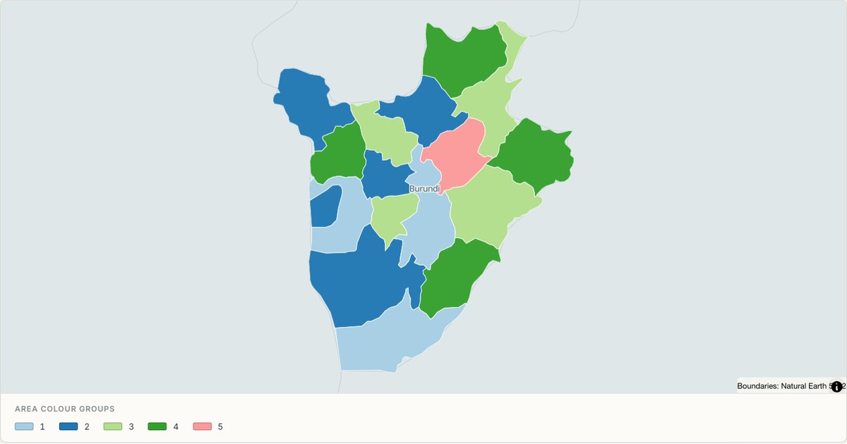 Burundi administrative map — Categorical regions built from TopoJSON