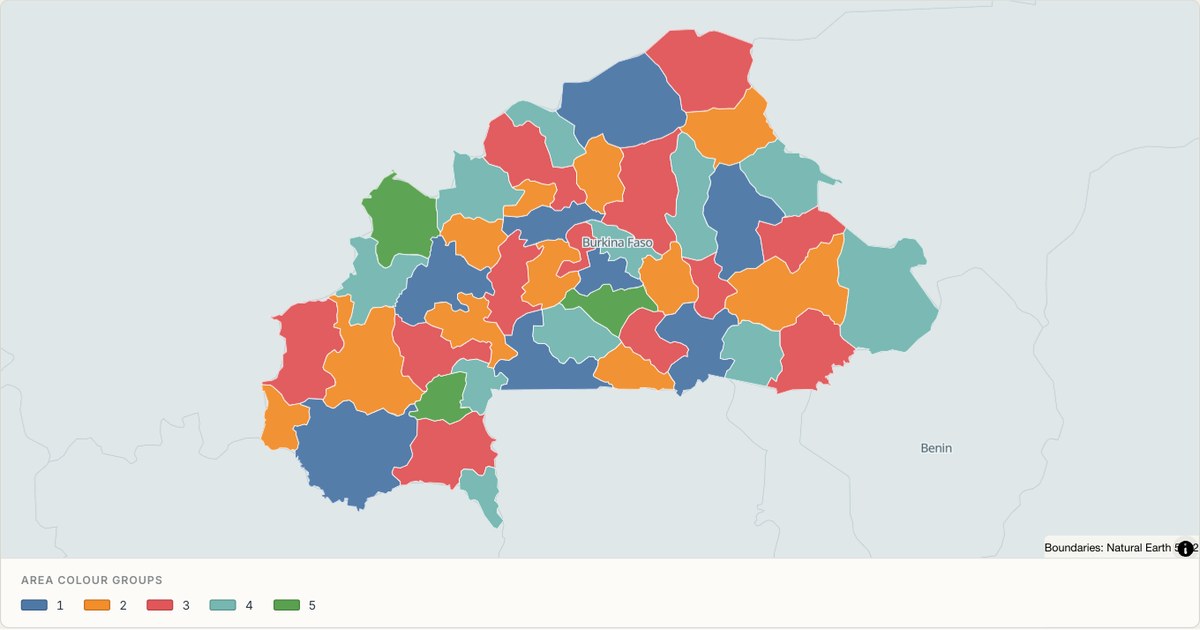 Burkina Faso administrative map — Categorical regions built from TopoJSON