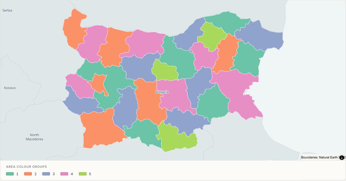Bulgaria administrative map — Categorical regions built from TopoJSON