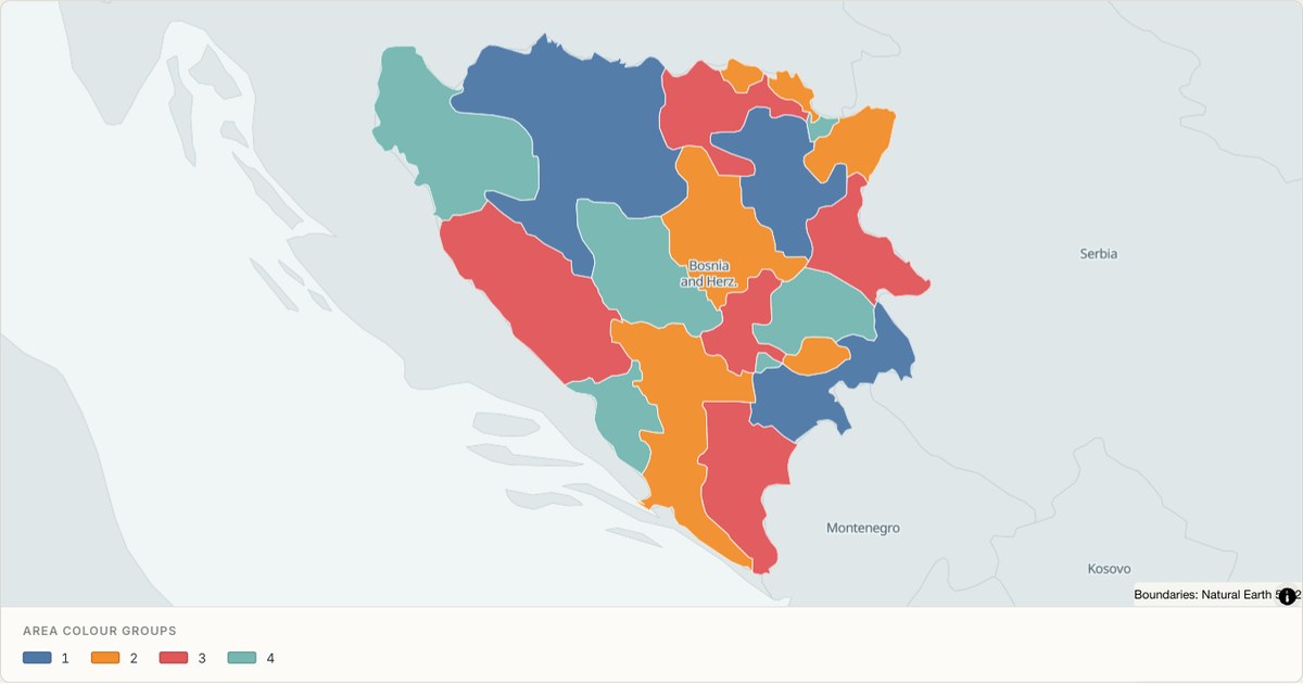 Bosnia and Herzegovina administrative map — Categorical regions built from TopoJSON