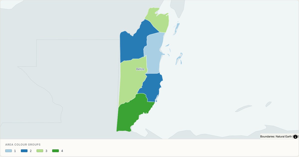 Belize administrative map — Categorical regions built from TopoJSON