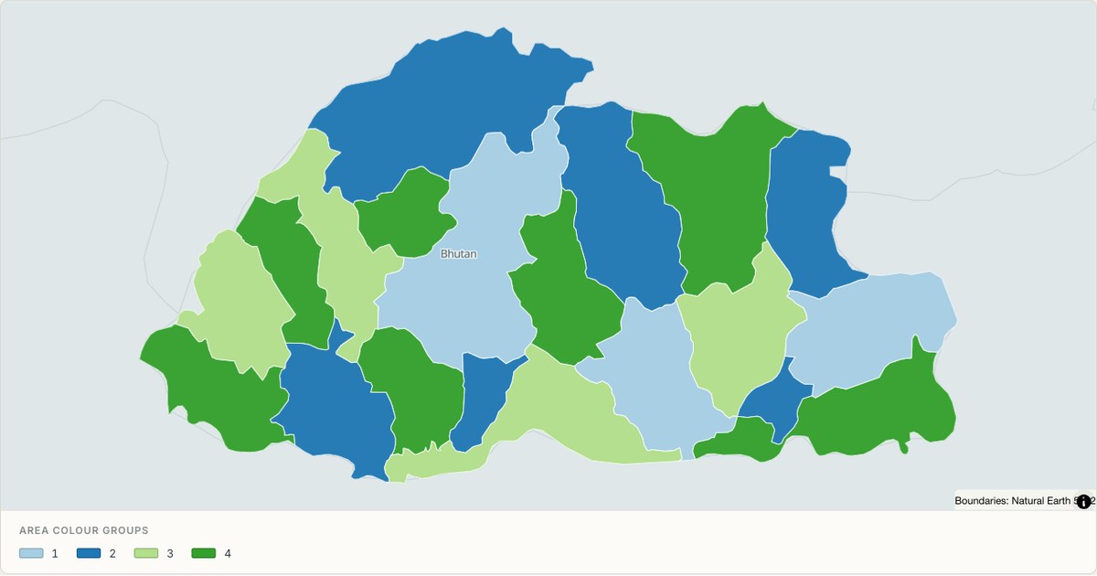 Bhutan administrative map — Categorical regions built from TopoJSON