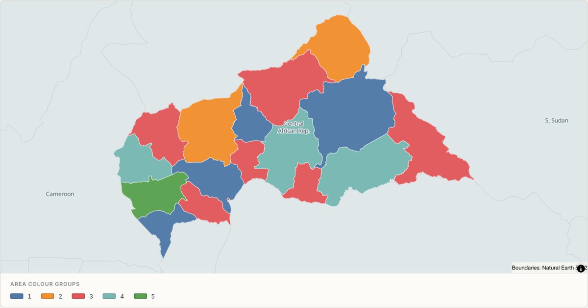 Central African Republic administrative map — Categorical regions built from TopoJSON