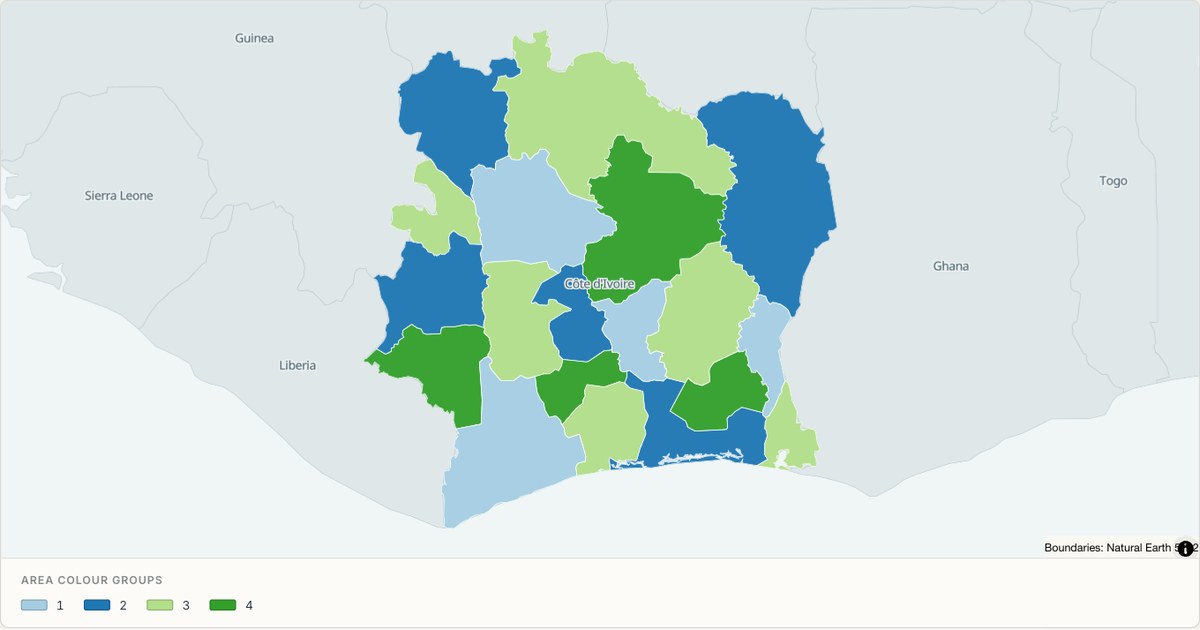 Ivory Coast administrative map — Categorical regions built from TopoJSON