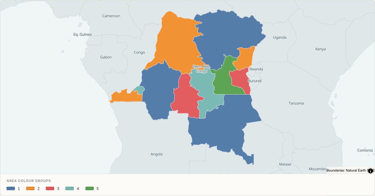 Democratic Republic of the Congo administrative map — Categorical regions built from TopoJSON