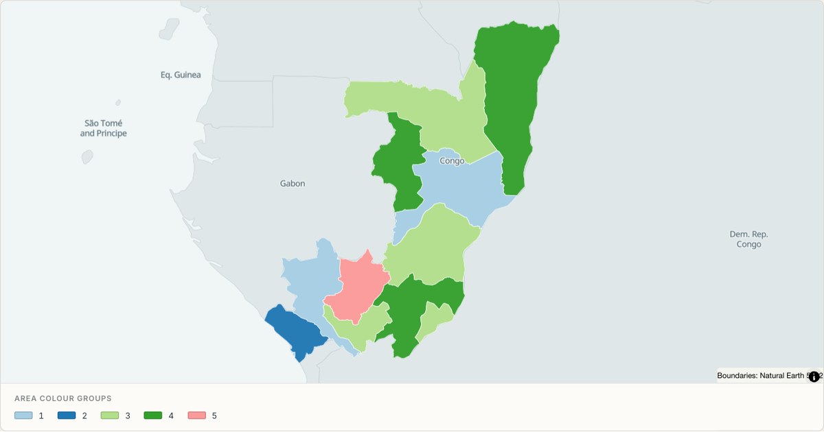 Republic of the Congo administrative map — Categorical regions built from TopoJSON