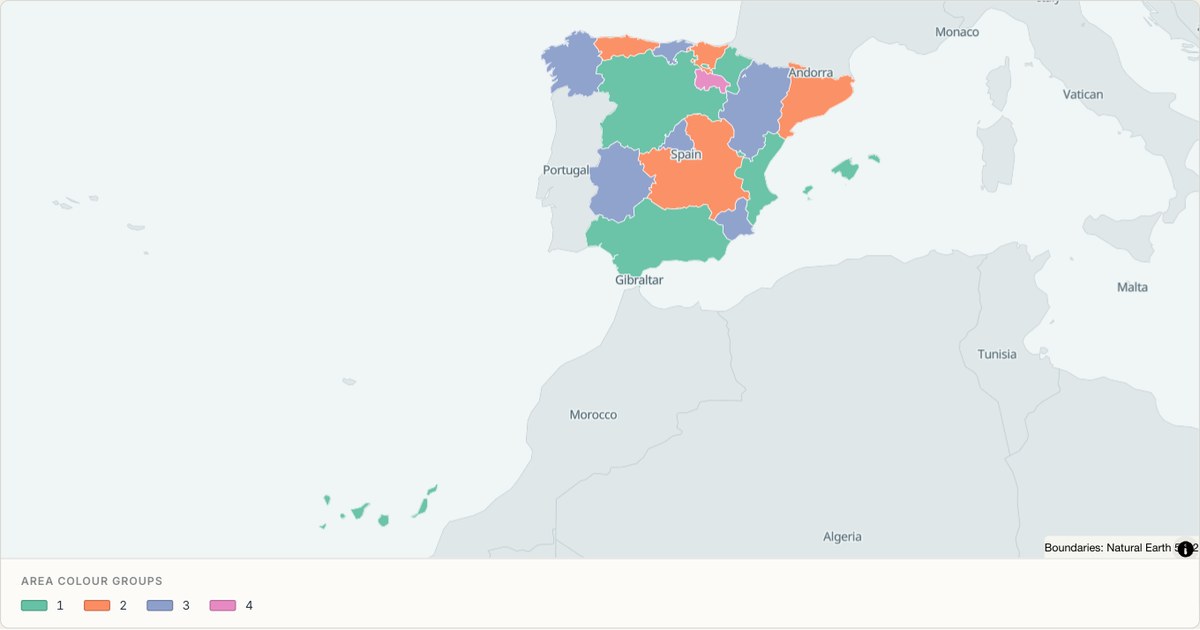 Spain (autonomous communities) administrative map — Categorical regions built from TopoJSON