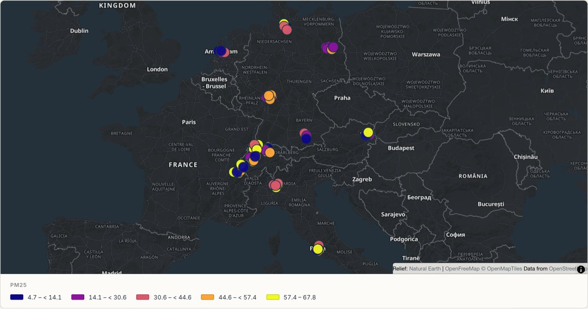Air quality stations across Europe — Classified sensor symbols built from CSV