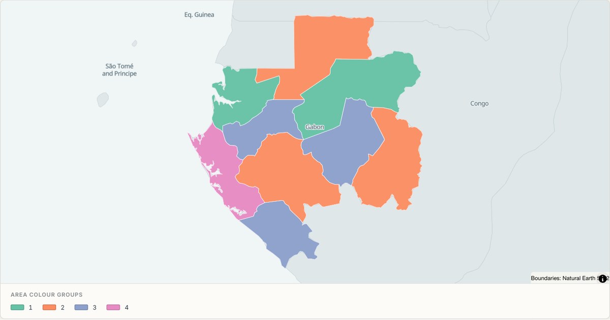 Gabon administrative map — Categorical regions built from TopoJSON