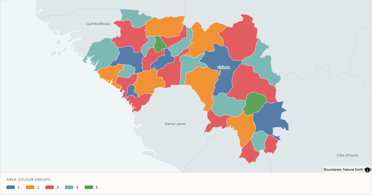 Guinea administrative map — Categorical regions built from TopoJSON