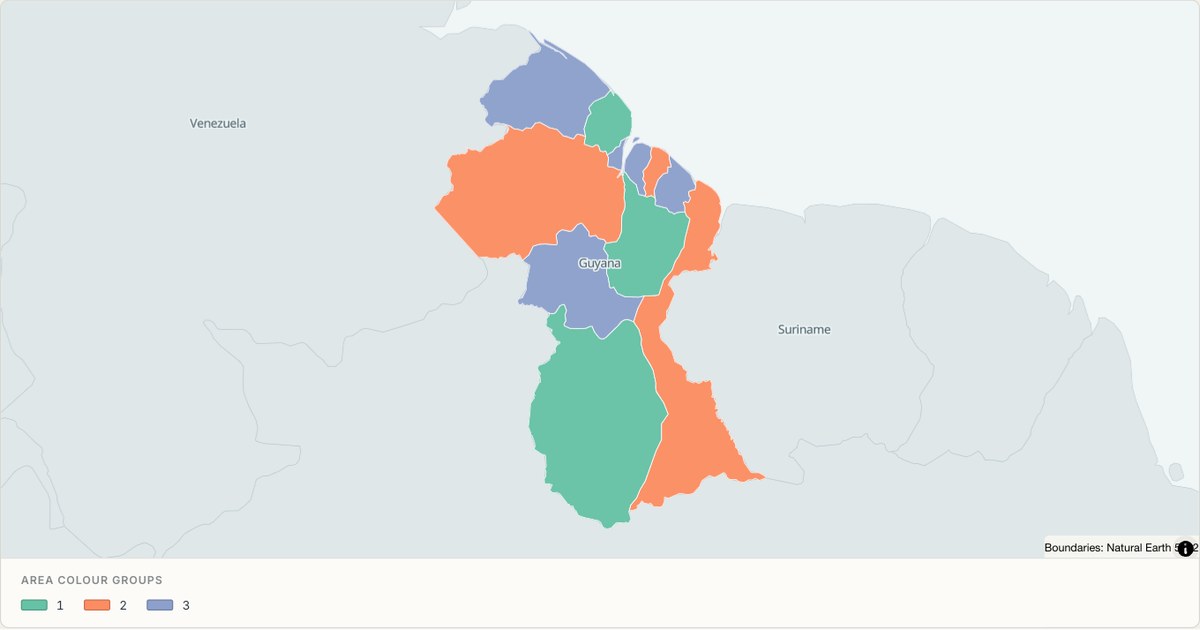 Guyana administrative map — Categorical regions built from TopoJSON