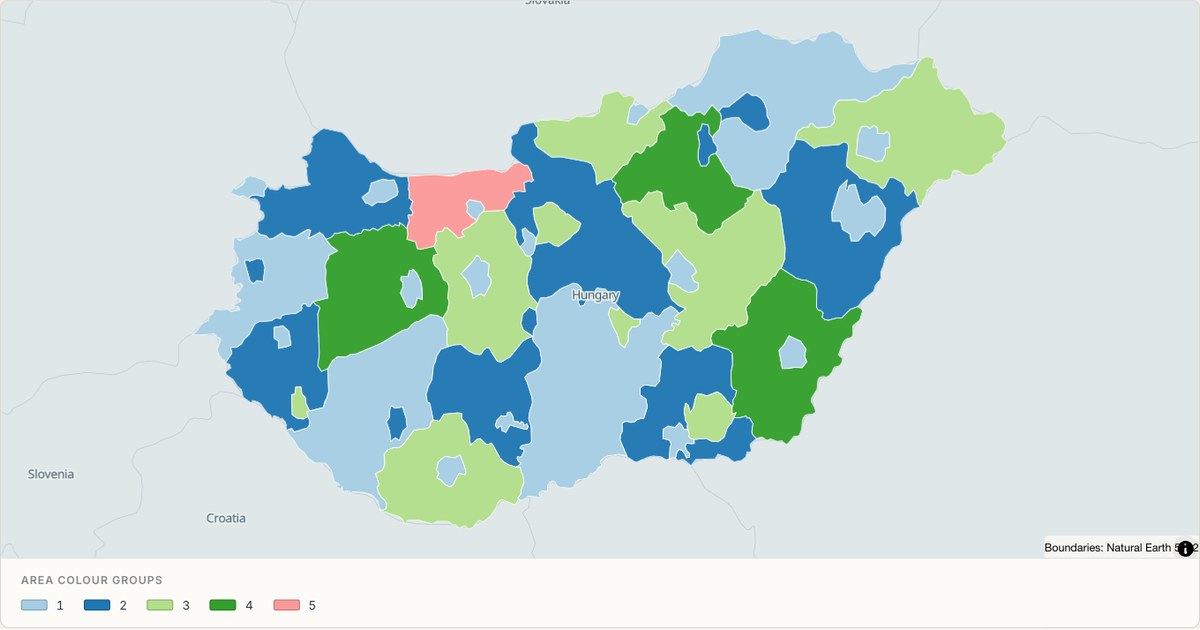 Hungary administrative map — Categorical regions built from TopoJSON