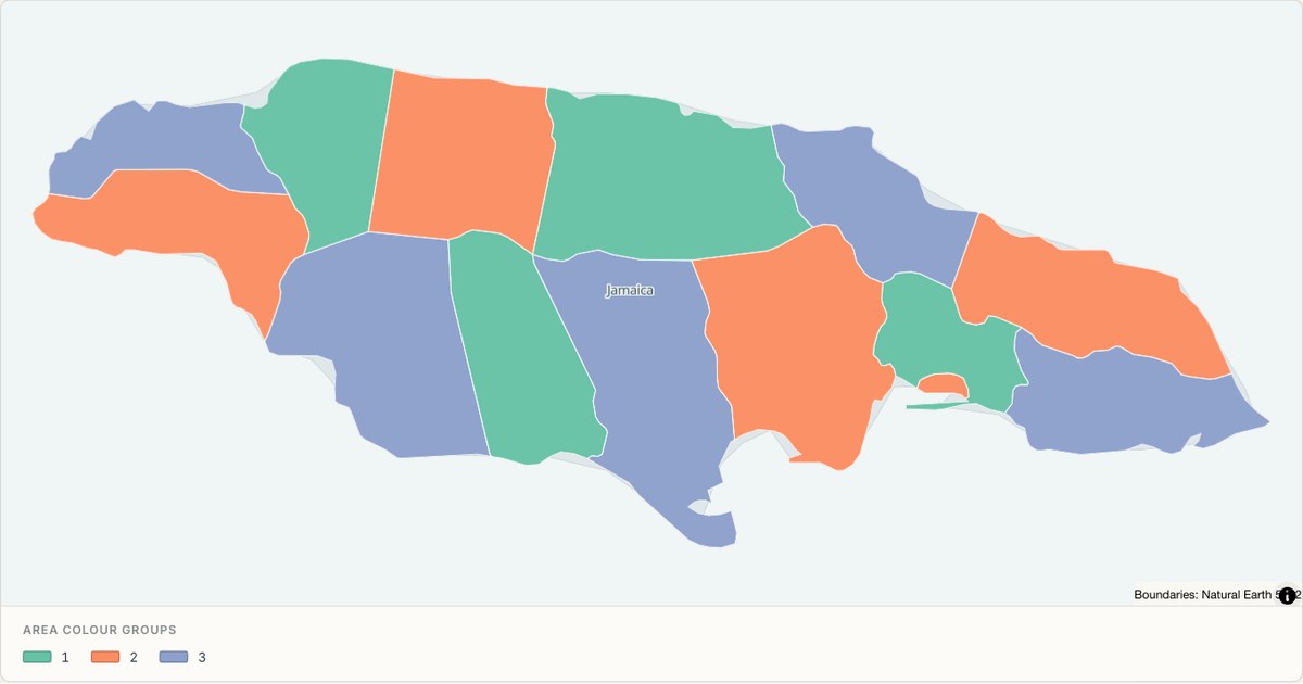 Jamaica administrative map — Categorical regions built from TopoJSON