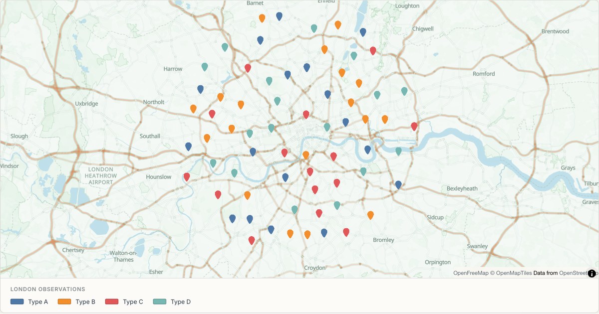 Bike stations across London — Location pins