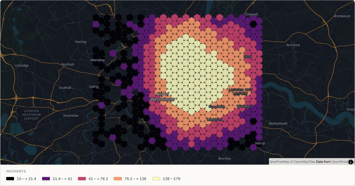 Binned density over London — Hexbin built from CSV