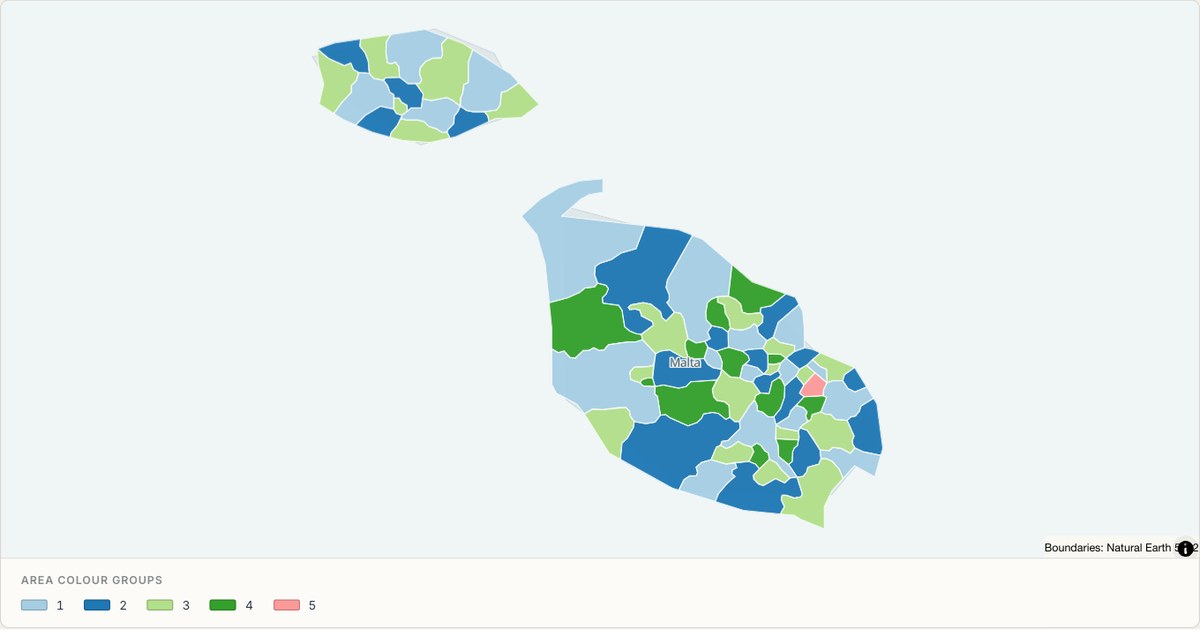 Malta administrative map — Categorical regions built from TopoJSON
