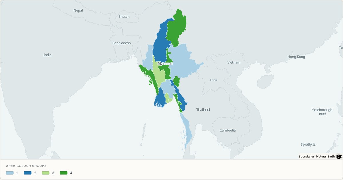 Myanmar administrative map — Categorical regions built from TopoJSON