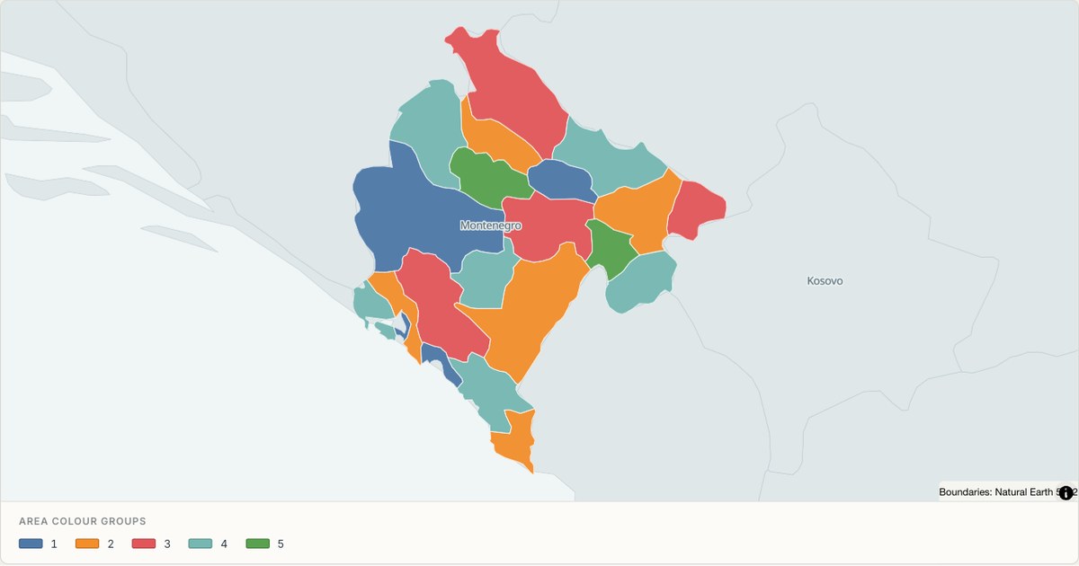 Montenegro administrative map — Categorical regions built from TopoJSON