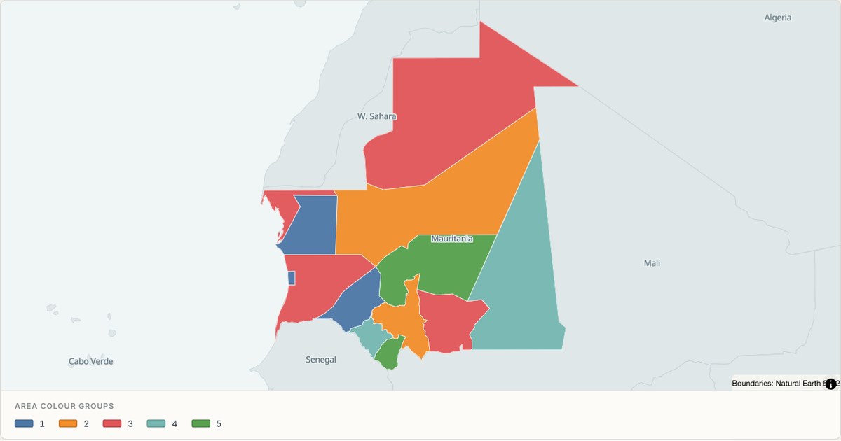 Mauritania administrative map — Categorical regions built from TopoJSON