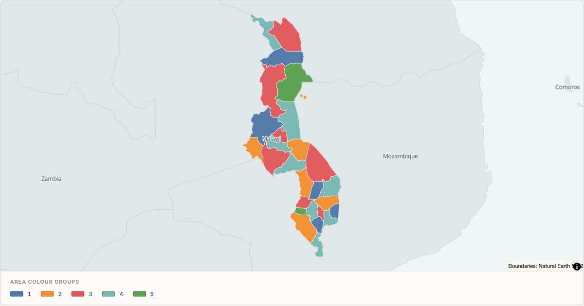 Malawi administrative map — Categorical regions built from TopoJSON