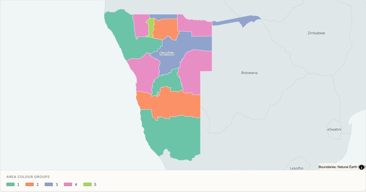Namibia administrative map — Categorical regions built from TopoJSON