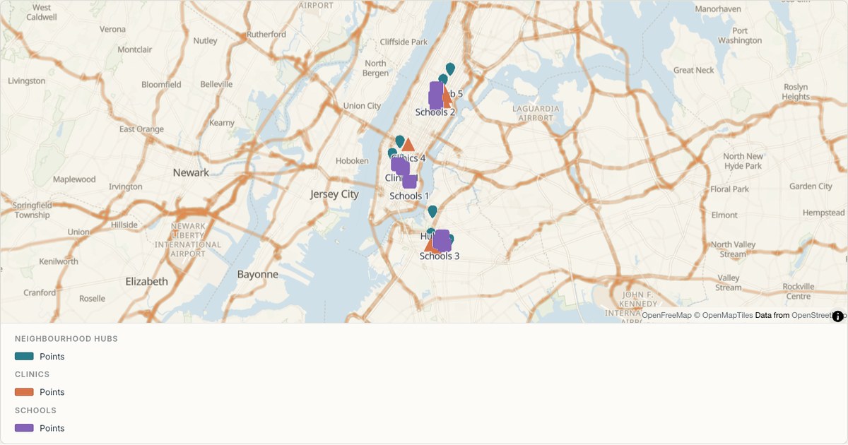Facility types marked by shape in New York — Multi-symbol markers