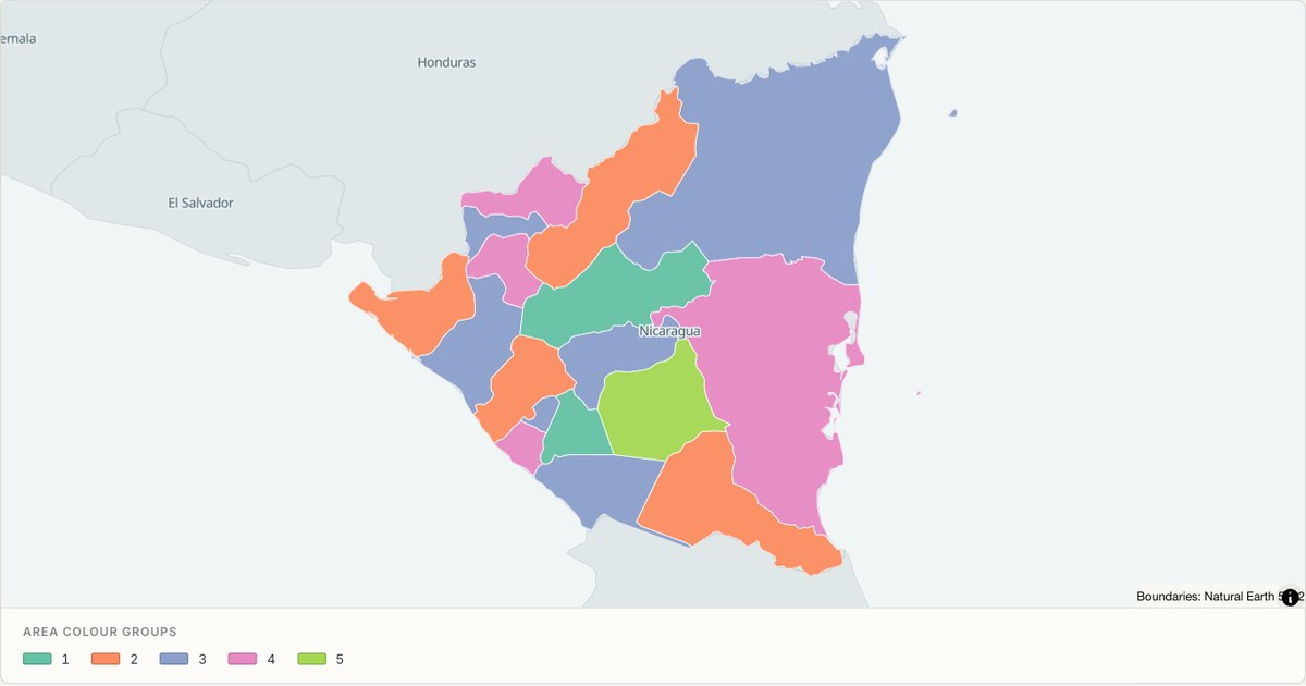 Nicaragua administrative map — Categorical regions built from TopoJSON