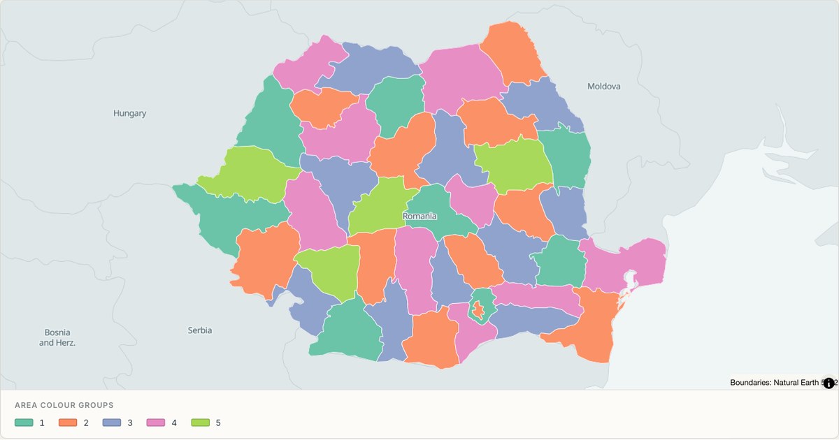 Romania administrative map — Categorical regions built from TopoJSON