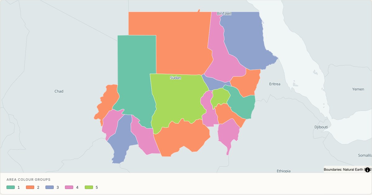 Sudan administrative map — Categorical regions built from TopoJSON