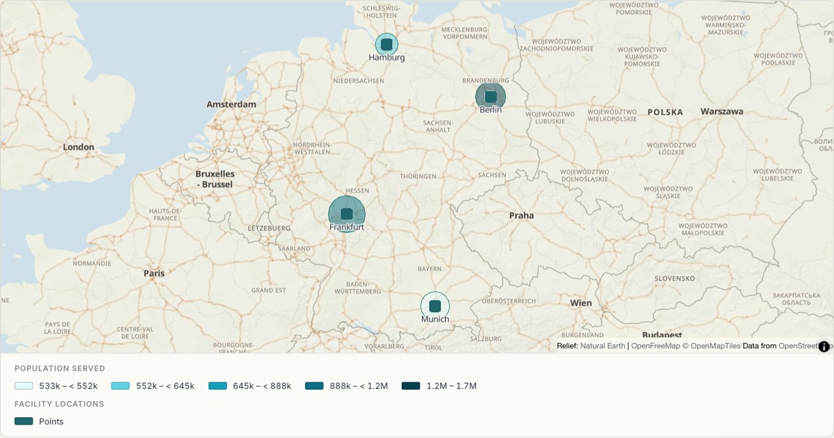 Urban areas from a zipped Shapefile — Service areas built from Shapefile
