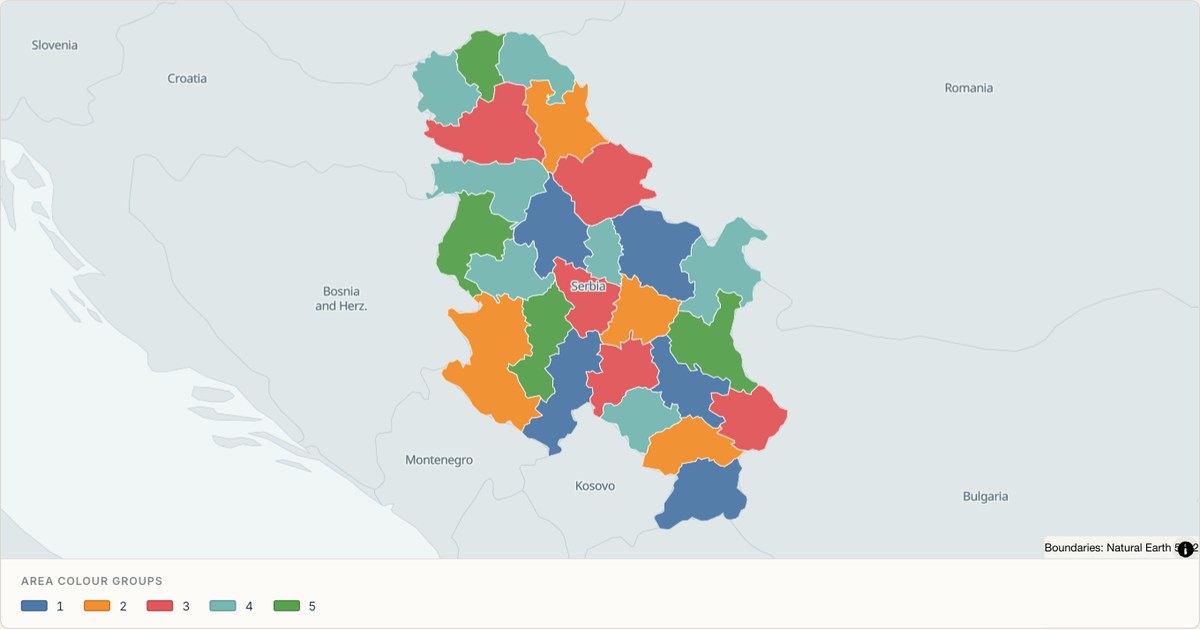 Republic of Serbia administrative map — Categorical regions built from TopoJSON