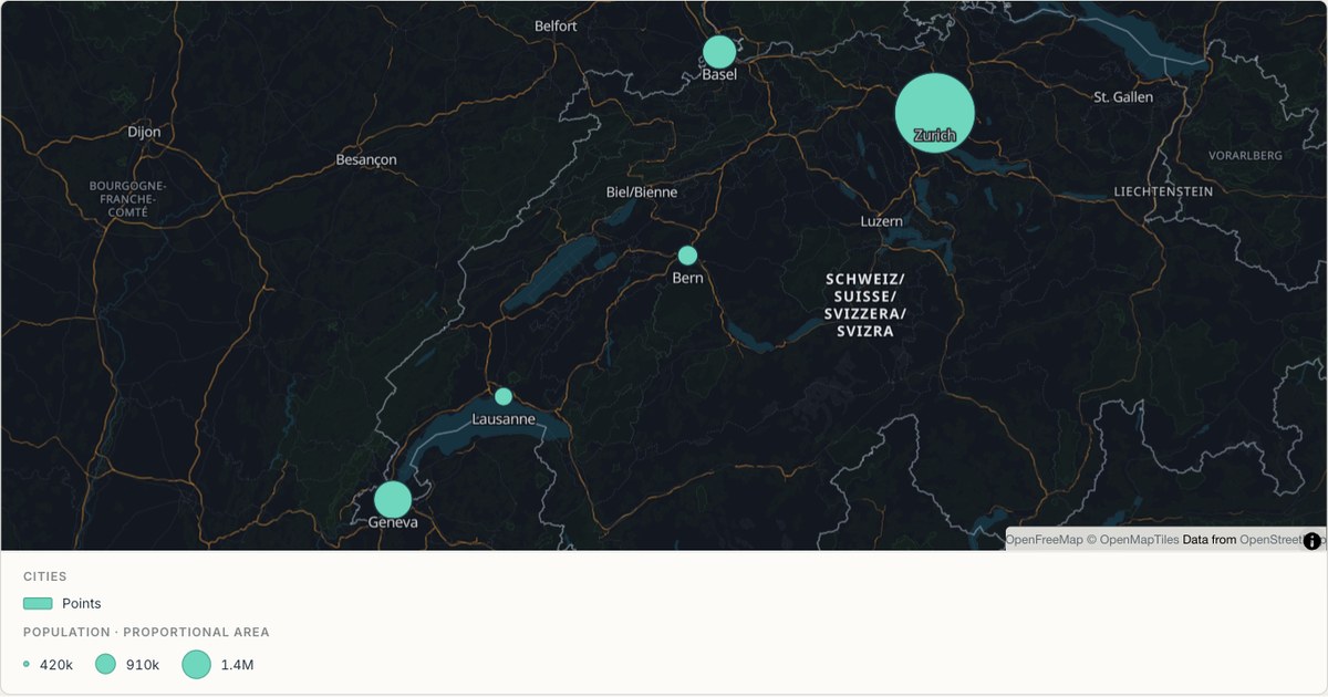 Swiss cities at national scale — Point map built from Excel