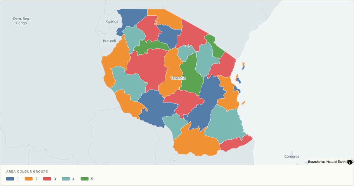 United Republic of Tanzania administrative map — Categorical regions built from TopoJSON