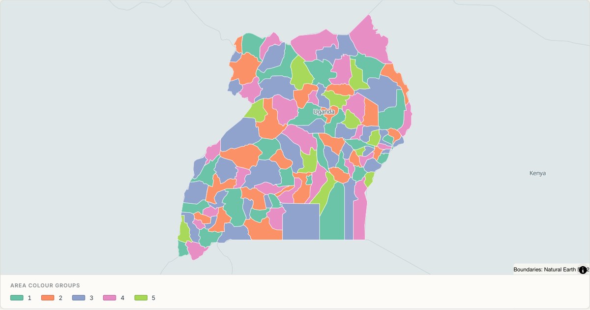 Uganda administrative map — Categorical regions built from TopoJSON