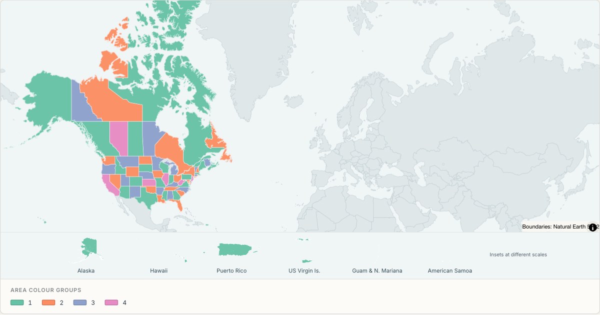 United States and Canada — Categorical regions built from TopoJSON