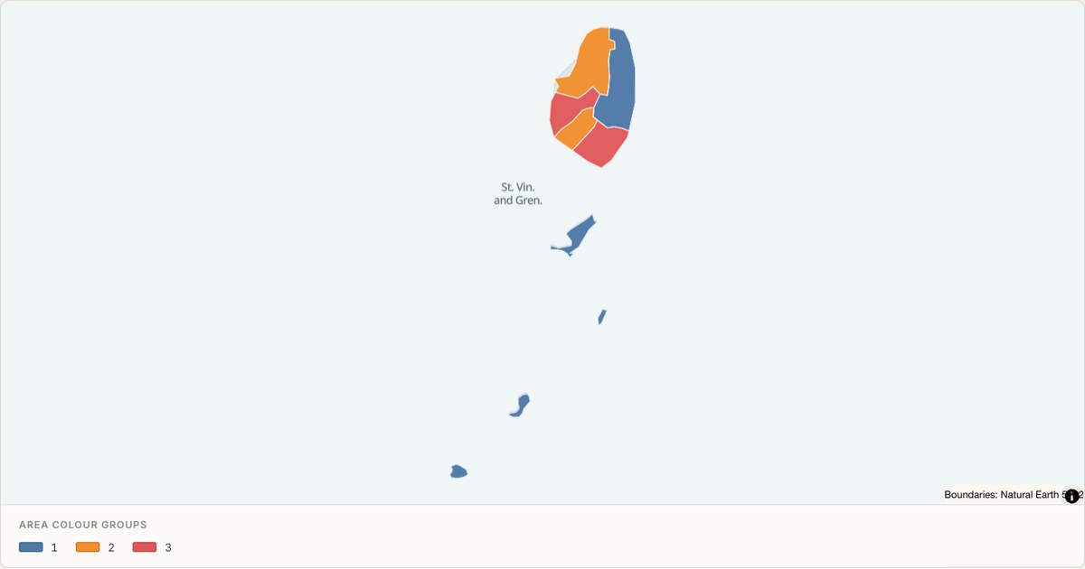 Saint Vincent and the Grenadines administrative map — Categorical regions built from TopoJSON