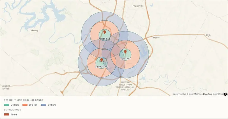 Distance bands around Austin service hubs — Illustrative straight-line distance rings
