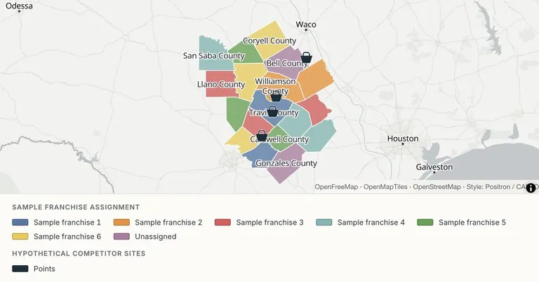 Present a Texas franchise territory proposal — Census counties · hypothetical franchise plan