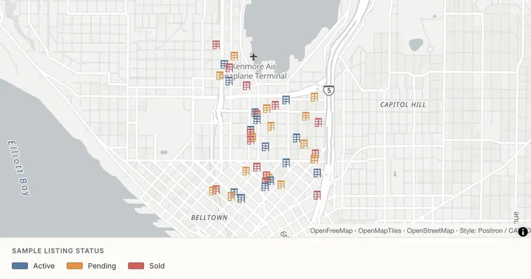 Map a Seattle listing sheet — Public OSM locations · fictional listing fields