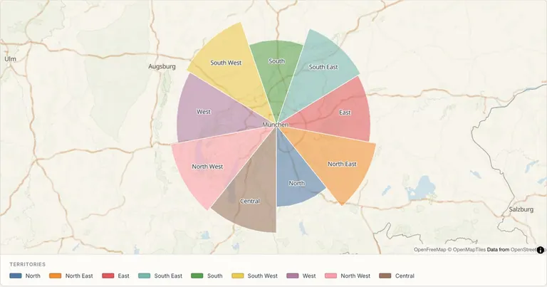 Sales territories around Munich — Generated territory geometry and business values