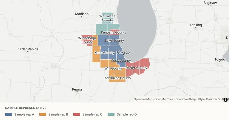 Assign sales coverage by US county — Census county boundaries · sample sales assignments